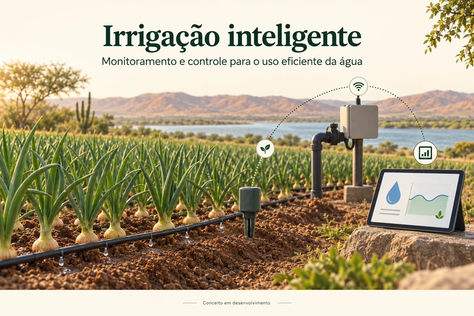 Ilustração conceitual de irrigação por gotejamento, sensores e acompanhamento remoto em cultivo de cebola.