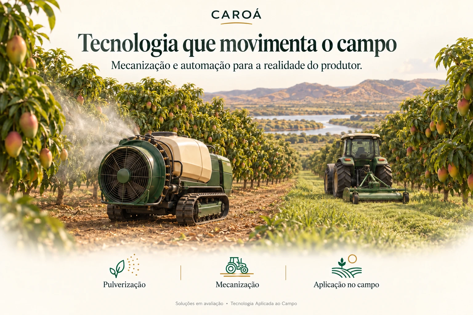 Ilustração conceitual de equipamentos de pulverização e mecanização em um pomar.